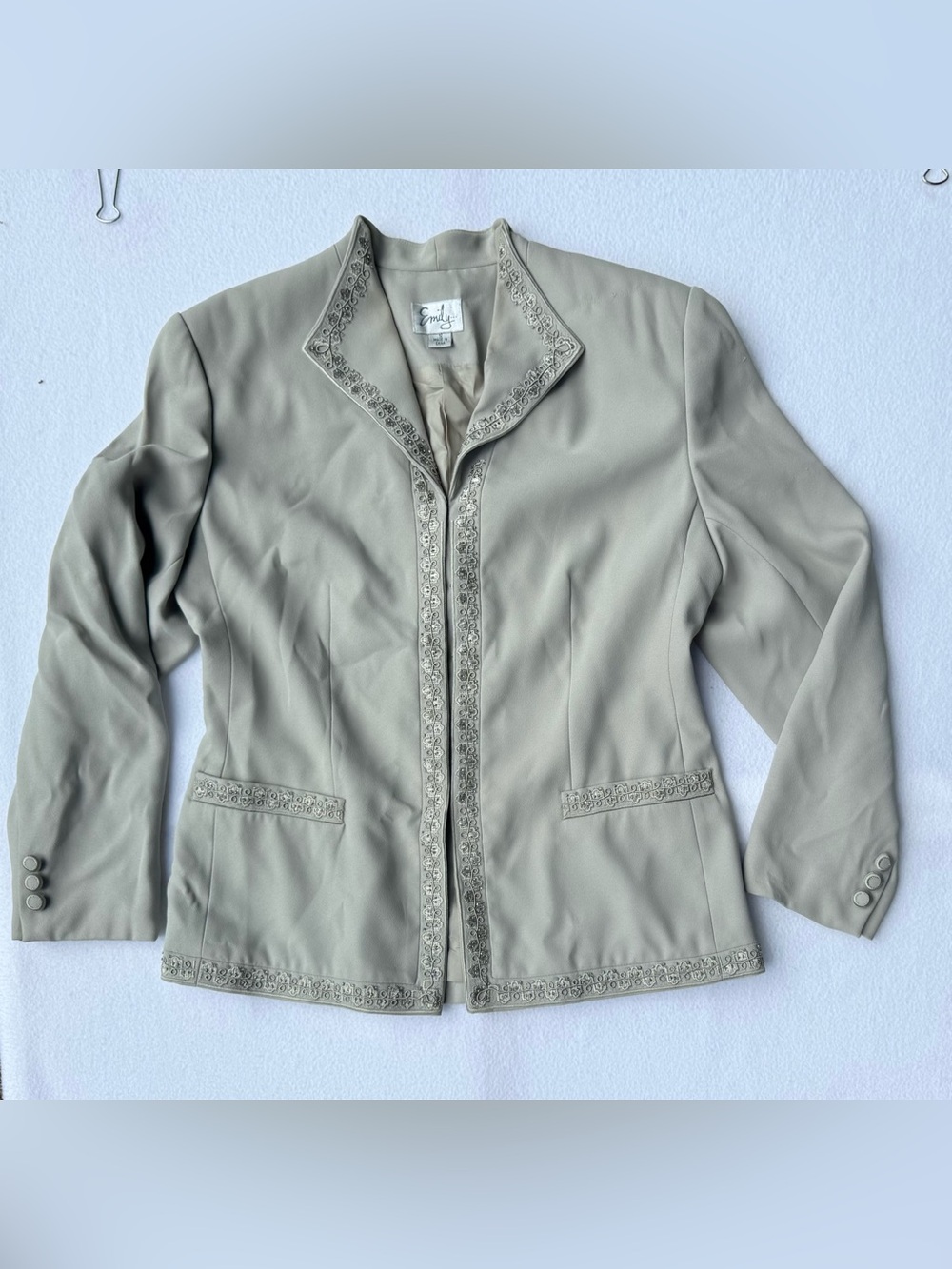 Emily Womens Zipper Blazer Size 12 Jacket Career Mature Office Ornate Embroidery